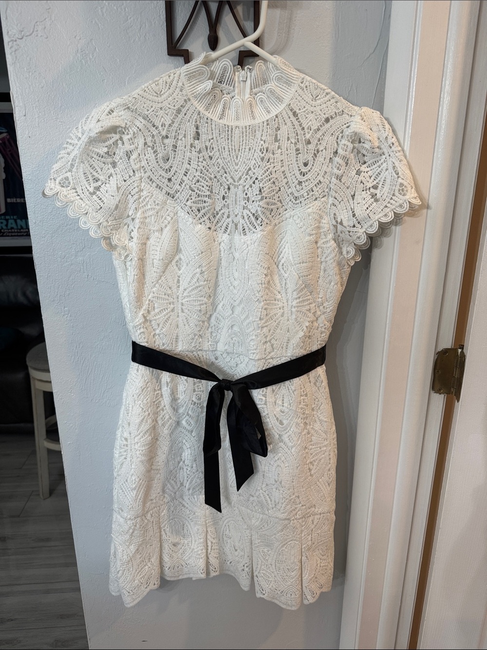White House Black Market Ivory Lace Mini Dress with Black Sash